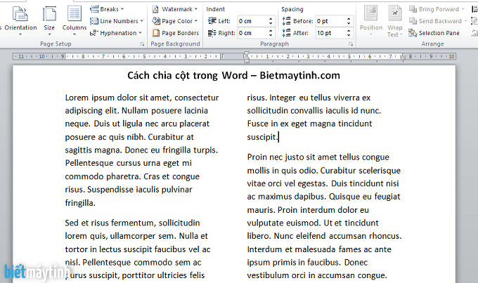 Cách chia cột trong văn bản word