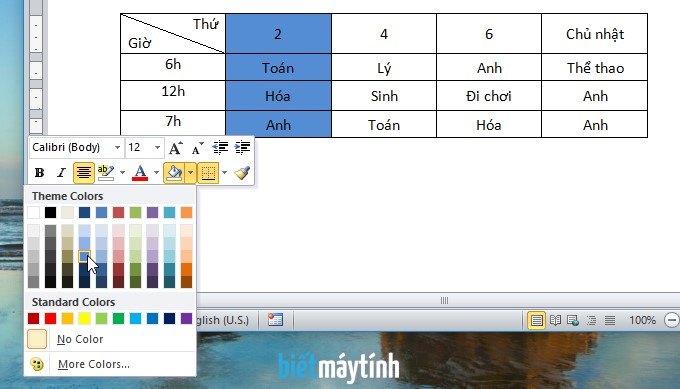 Cách tô màu nền cho bảng, ô, hàng, cột trong Word