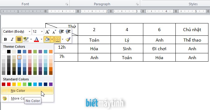 Cách tô màu nền cho bảng, ô, hàng, cột trong Word