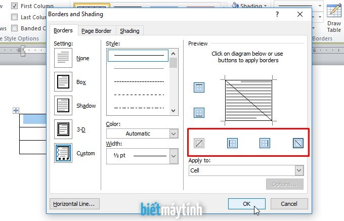 Cách tạo đường chéo trong bảng word