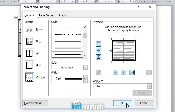 tạo đường viền cho bảng trong word
