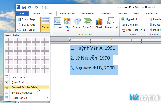 chuyển văn bản thành bảng trong word 2010