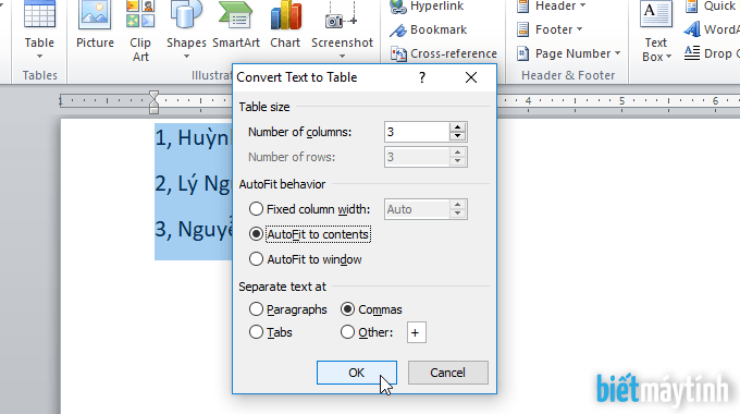 chuyển văn bản thành bảng trong word 2010