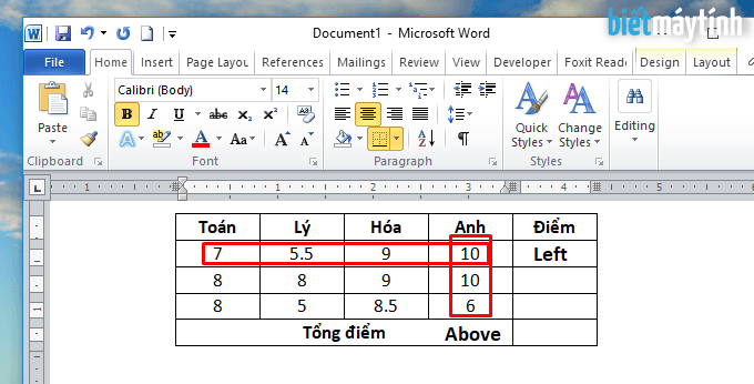 tính toán trong bảng dữ liệu của word