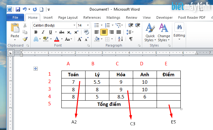 tính toán trong bảng dữ liệu của word