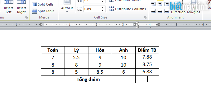 tính toán trong bảng dữ liệu của word