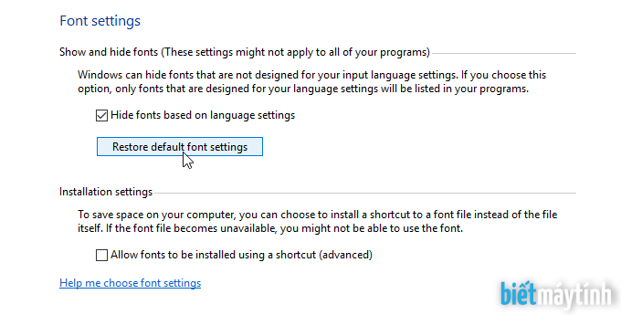 Khôi phục lại bộ font mặc định của Windows 7
