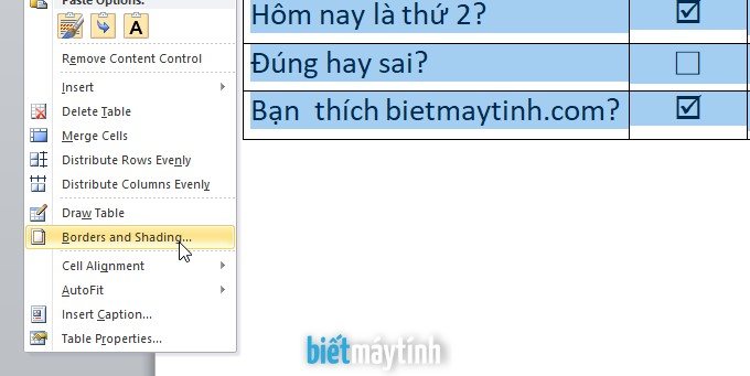 Cách tạo ô tích, checkbox tích được trong Wor