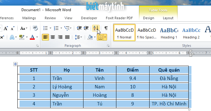 Sắp xếp dữ liệu trong bảng Word chi tiết
