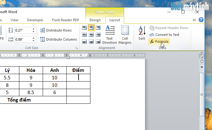 tính toán trong bảng dữ liệu của word