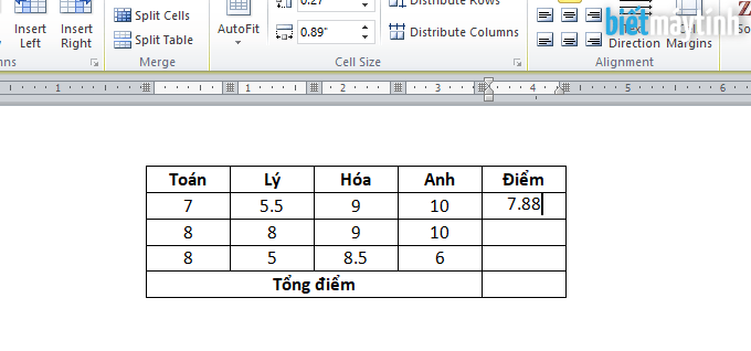 tính toán trong bảng dữ liệu của word