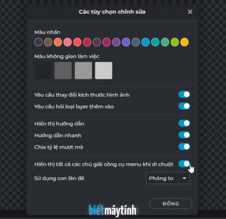 Thay đổi màu nền, màu nút bấm và không gian làm việc trong Edit Ảnh Online