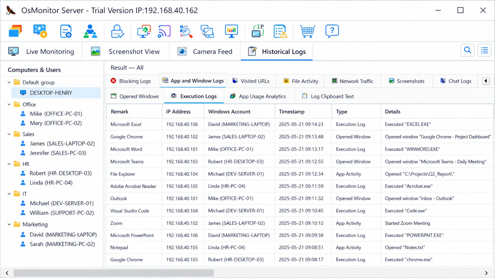 Giao diện xem nhật ký người dùng trên phần mềm OsMonitor